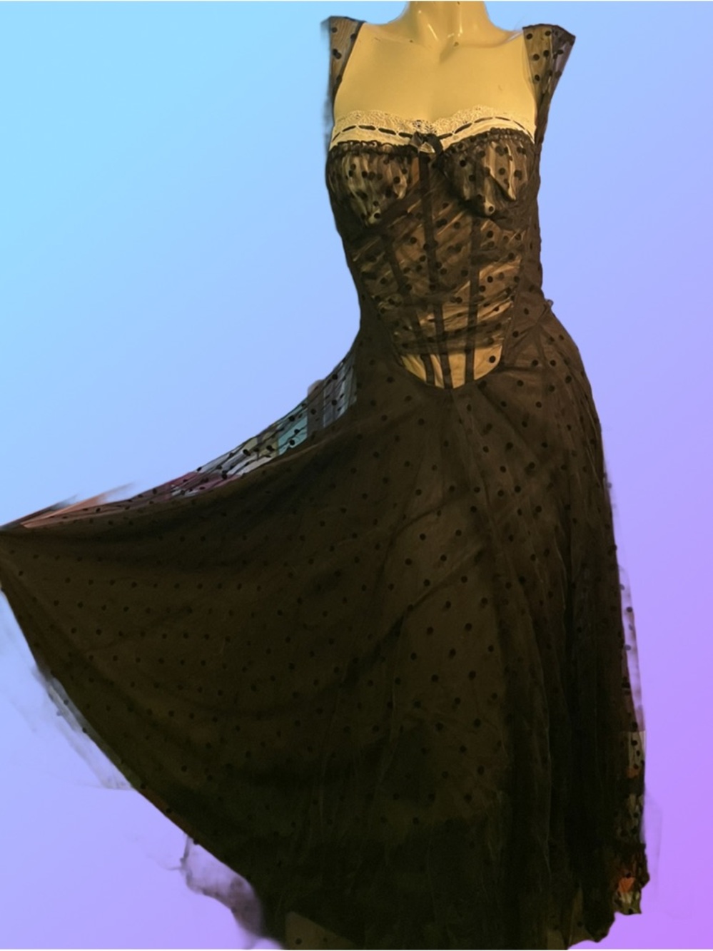 ✨NWT✨LACEMADE Dream Harbor Midnight 🖤Black Corset Sheer Polka Dot Midi Dress